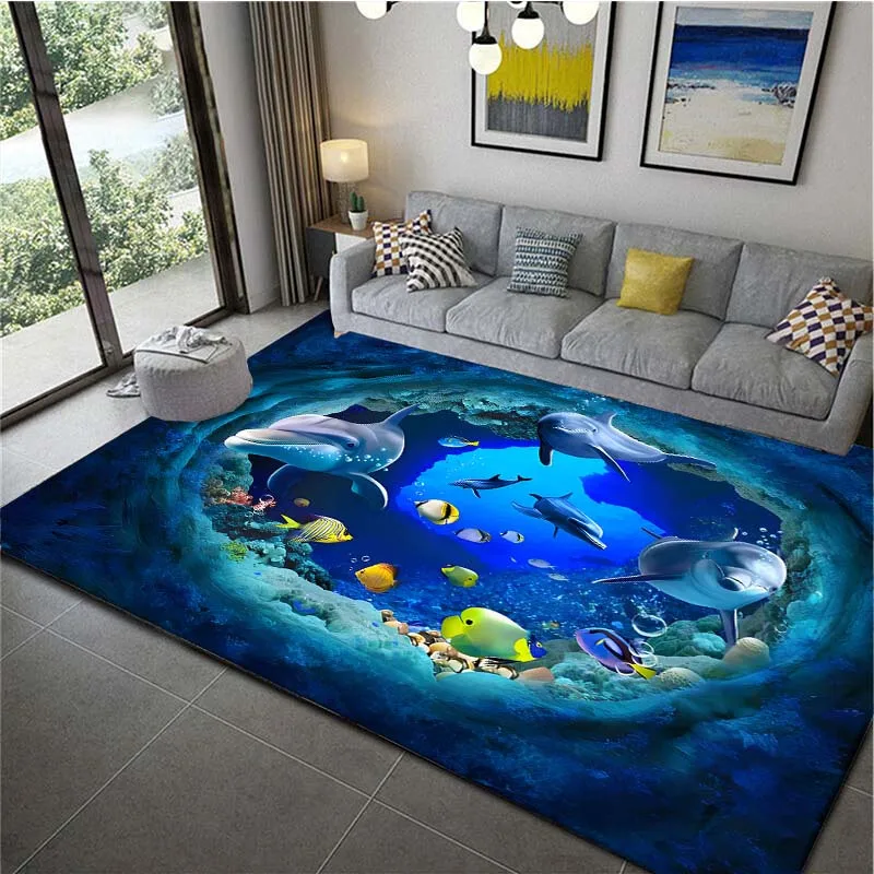 1Pc 3D Ocean Dolphin Carpet Easy To Clean Living Room Bedroom  Corridor Porch Decorative Floor Mat Non Slip Bath Kitchen Rug