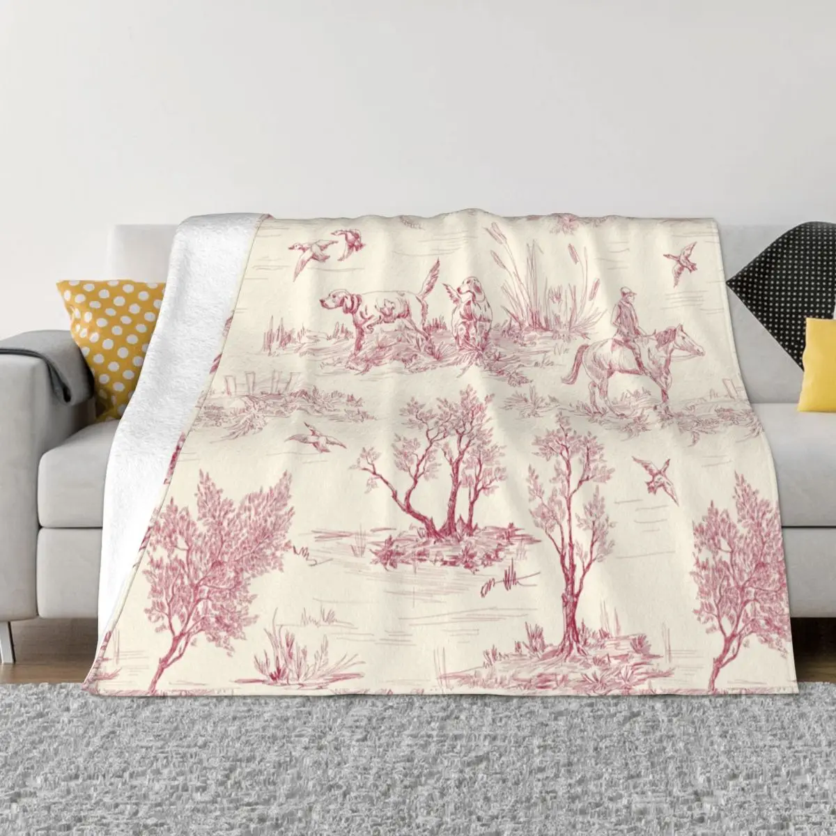 3D Print Toile De Jouy Red Blankets Comfortable Soft Flannel Winter Cream Vintage Parisian Throw Blanket for Sofa Home Bedroom