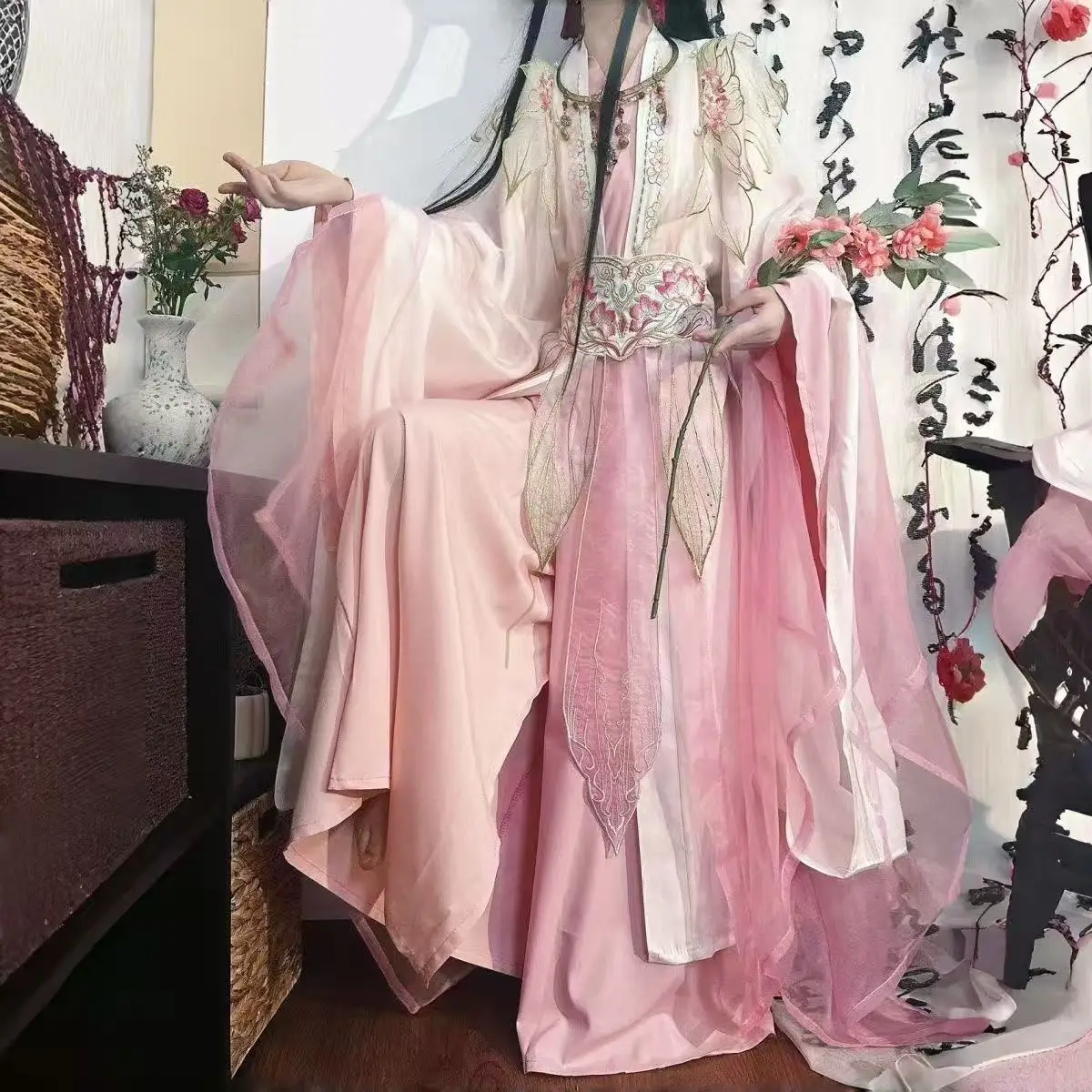 Pink Woven Hanfu Men Women Traditional Chinese Outfits Halloween Floral God XieLing Cosplay Costume Vintage Embroidery Dress Set