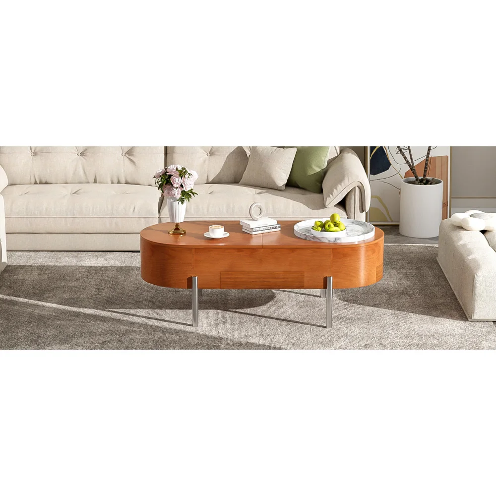 U-Can 47.2''Lift Top Coffee Table with 360-degree Marble-patterned Rotating Tray Hidden Compartment Partially Assembled Wooden