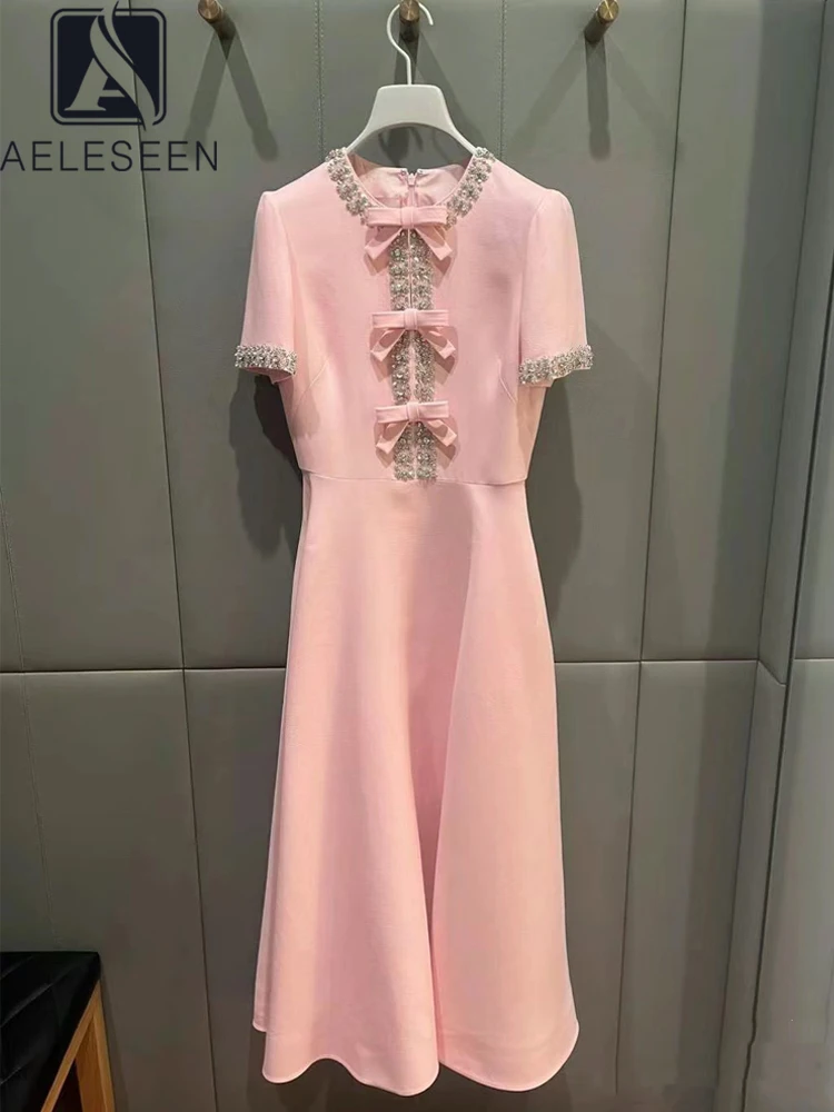 AELESEEN Office Ladies Summer Dress Women Elegant Short Sleeve Bow Luxury Beading Diamonds Pink Beige Solid Hollow Out Long