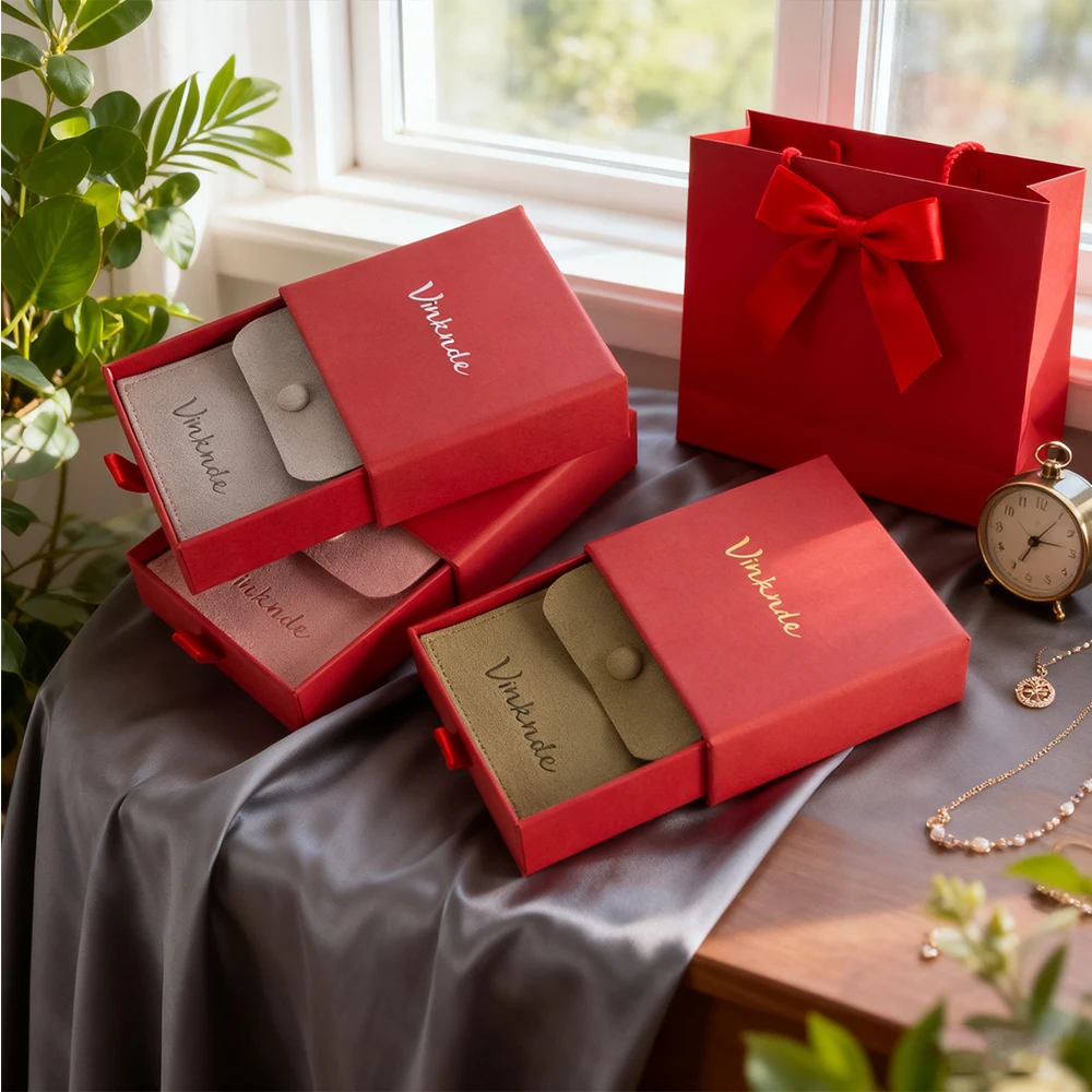 

24 шт., роскошная жесткая картонная раздвижная подарочная коробка для ювелирных изделий, красный бумажный ящик, упаковочные коробки для ювелирных изделий, колец, сережек, сумки с защелками