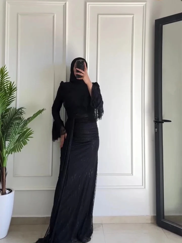 

Luxury Long Sleeve Simple Party Dress Temperament Elegant Lady Wrap Hips Maxi Dresses Spring Autumn New Lace Slim Evening Dress