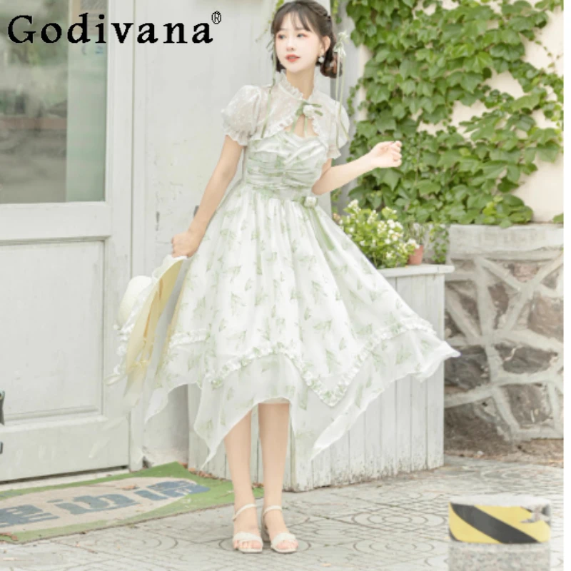 

New Lolita Sweet Ruffles High Waist Irregular Print Princess Dress Girl Fashion Versatile Age Reduction Fairy Suspender Dresses