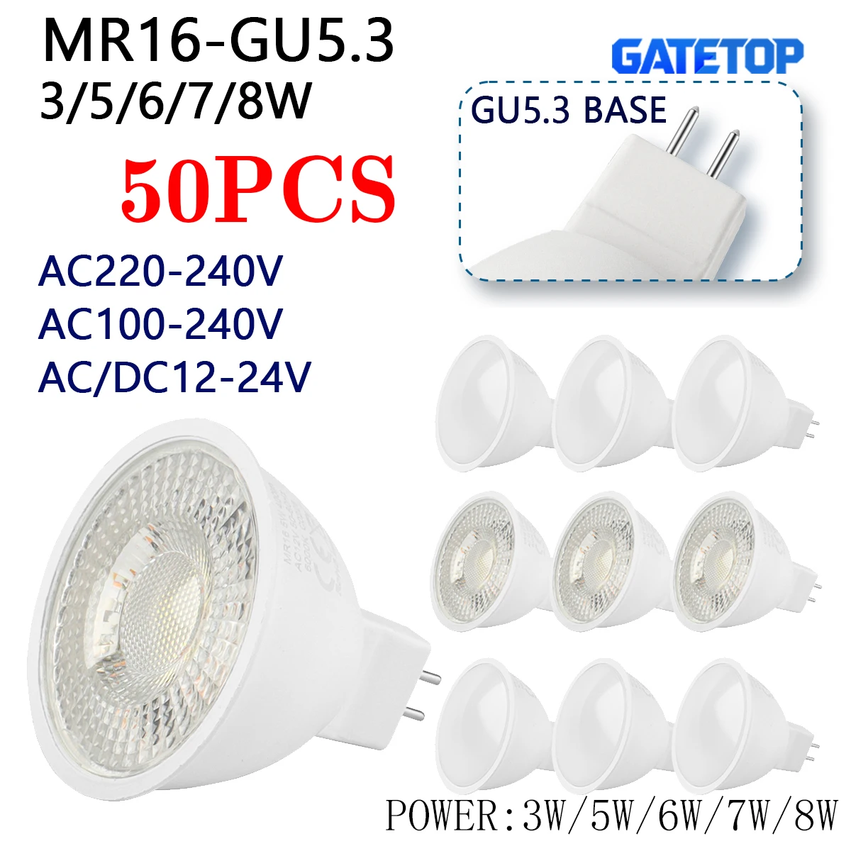 

50 шт. GU5.3 светодиодные прожекторы MR16 AC 12 В/110 В/220 В замена галогенной лампы 50 Вт энергосберегающее направленное освещение для спальни