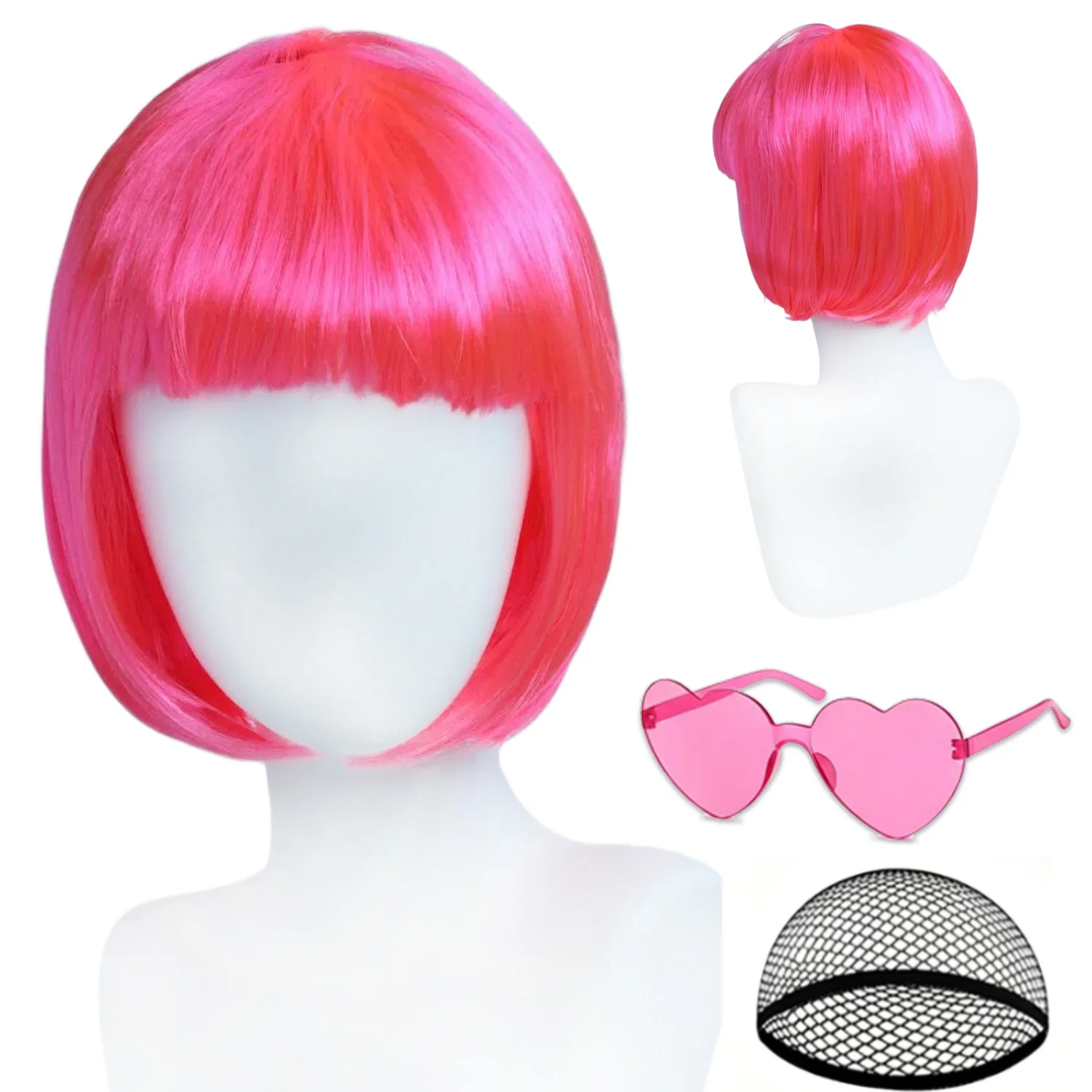 Anxin Brand Synthetic Fiber Wigs: 10-Inch Short Hair with Bangs + Hair Net + Decorative Heart-Shaped Glasses 3-Piece Set, Unisex Costume Wigs, Simple and Classic Style, Bright Colors, Suitable for Themed Parties, Halloween Costumes, Carnival Parades, Birthday Parties, Cosplay, Stage Performances, and Group Outfits