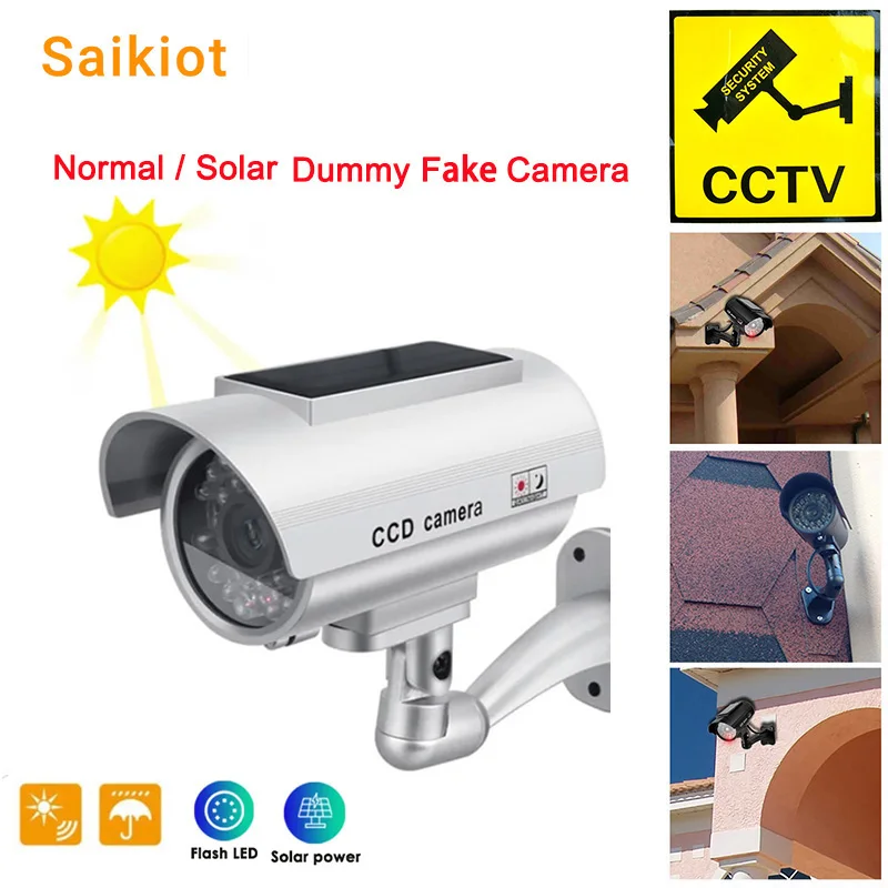 

Saikiot Fake Solar Camera Outdoor CCTV Surveillance Simulation Dummy Camera Home Security Flashing LED Light Fake Bullet Camera