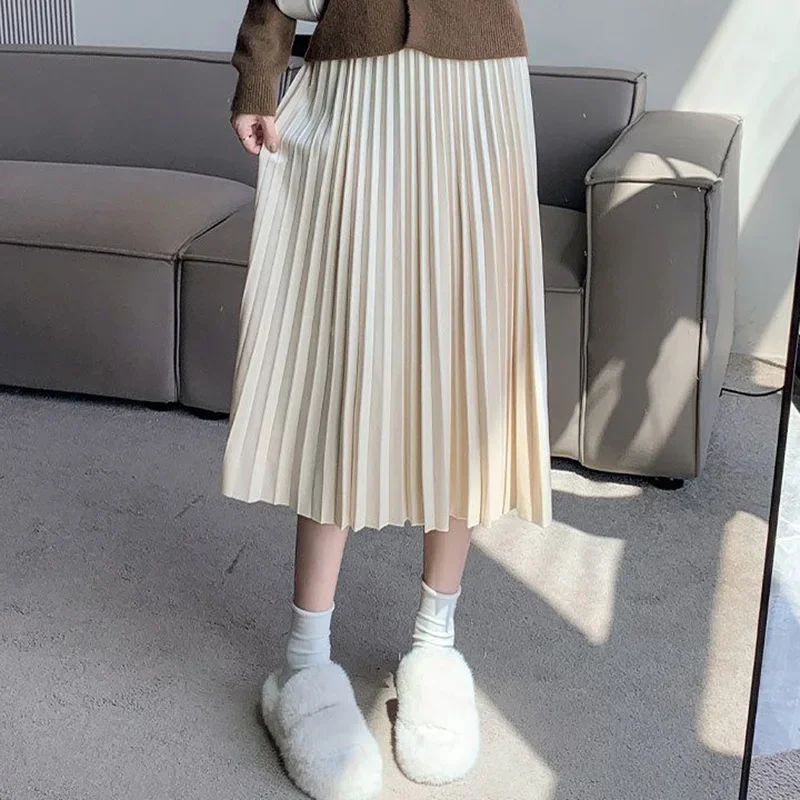 2025 Estate femminile coreano Slim Fit gonne sottili Lady tinta unita a vita alta abito medio-lungo ragazze gonne a pieghe a trapezio allentate