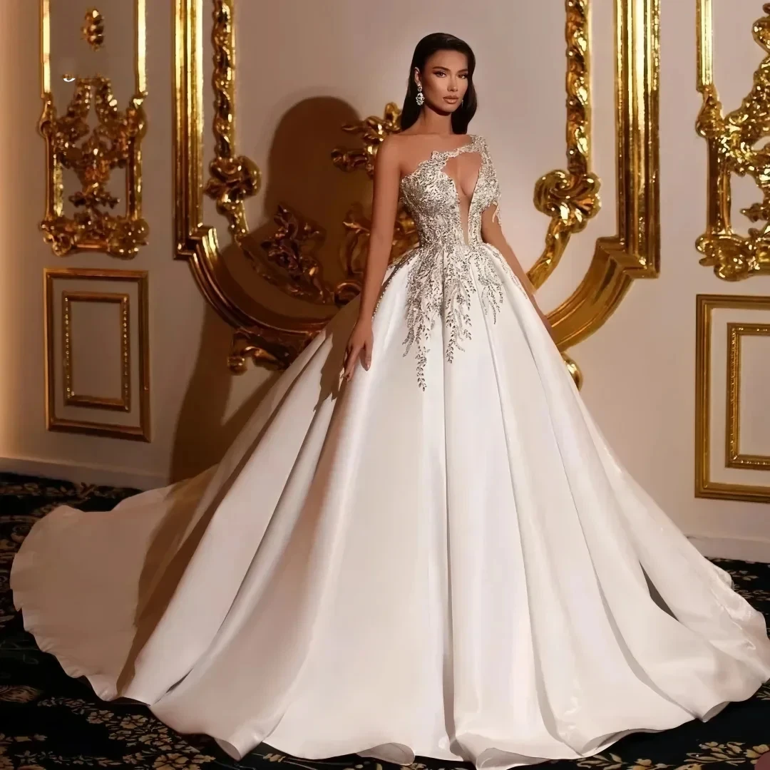 

Elegant And Shiny A-Line Rhinestone Bead Women's Wedding Dress Sexy One Shoulder Backless Beach Dance Bridal Gown Customized