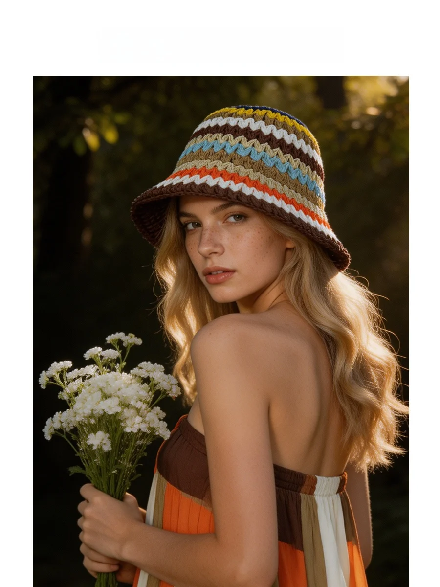 fetsbuy-rainbow-colored-large-brand-feel-thick-hook-woven-straw-hat-women's-big-brim-round-top-bucket-hat-face-slimming-fishe