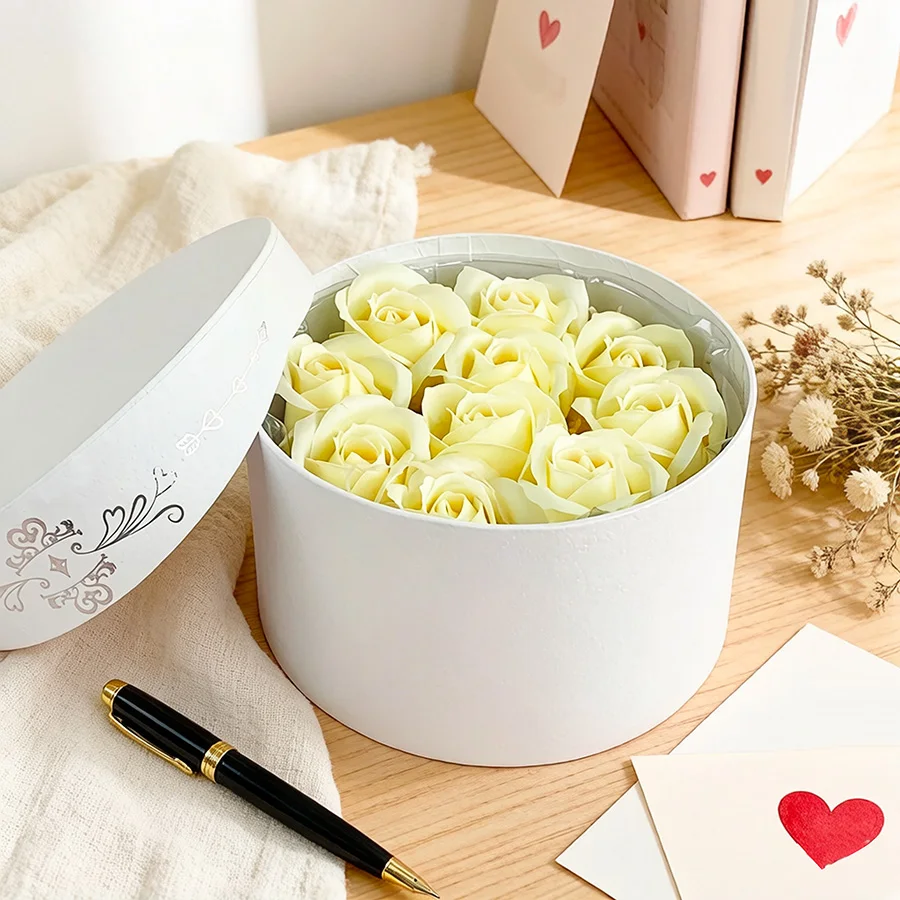 Nouvelle Arrivée : Boîte Cadeau Ronde de Luxe avec Estampage à Chaud Argenté, en Papier Texturé, Étui de Rangement Floral, Emballage Universel pour Fleurs Éternelles