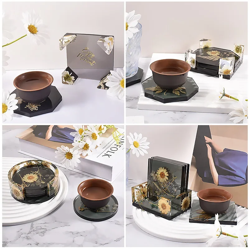 Coaster Set Silicone Mold DIY Crystal Epoxy Resin Gypsum Coaster Round Square Octagon Coaster Bracket Mould Resin Mirror Molds