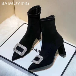 Crystal High Heels Ankle Boots Women Suede Pointed Toe Shoes Woman 2024 Trend Sexy Pumps Fashion Snow Chelsea Botas De Mujer