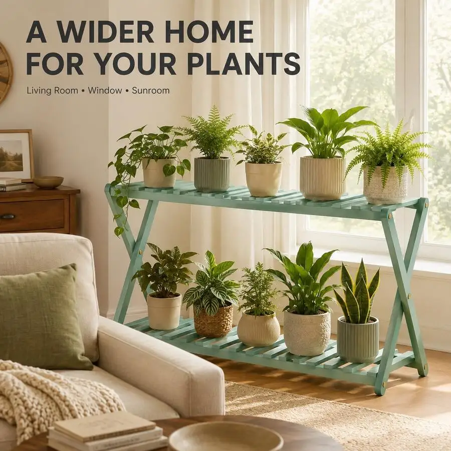 27.6 Inch Green 2-Tier Bamboo Plant Stand, Wide Indoor Flower Pot Display Shelf With Reinforced X-Frame And Slatted Storage, Mul