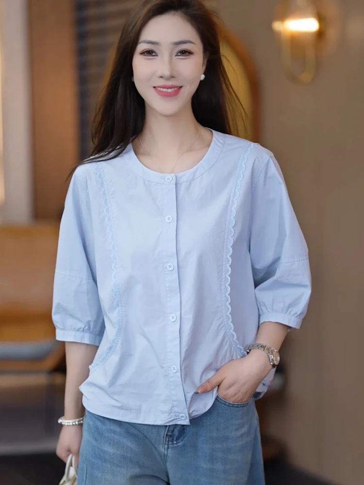 Casual Style Loose Fit Pure Cotton Women's Shirt Summer 2026 New Style Slimming Lace Splice Five Sleeve Button up Top