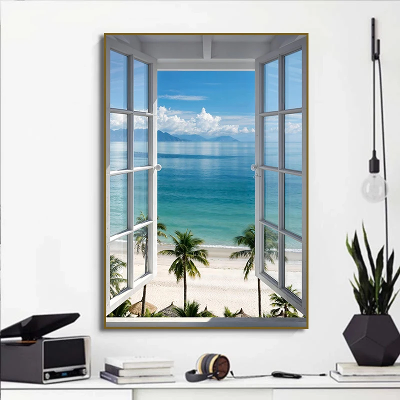 Open Window Beach View Canvas Painting Serene Coastal Palm Tree Landscape Poster Print Wall Art for Living Room Home Decor