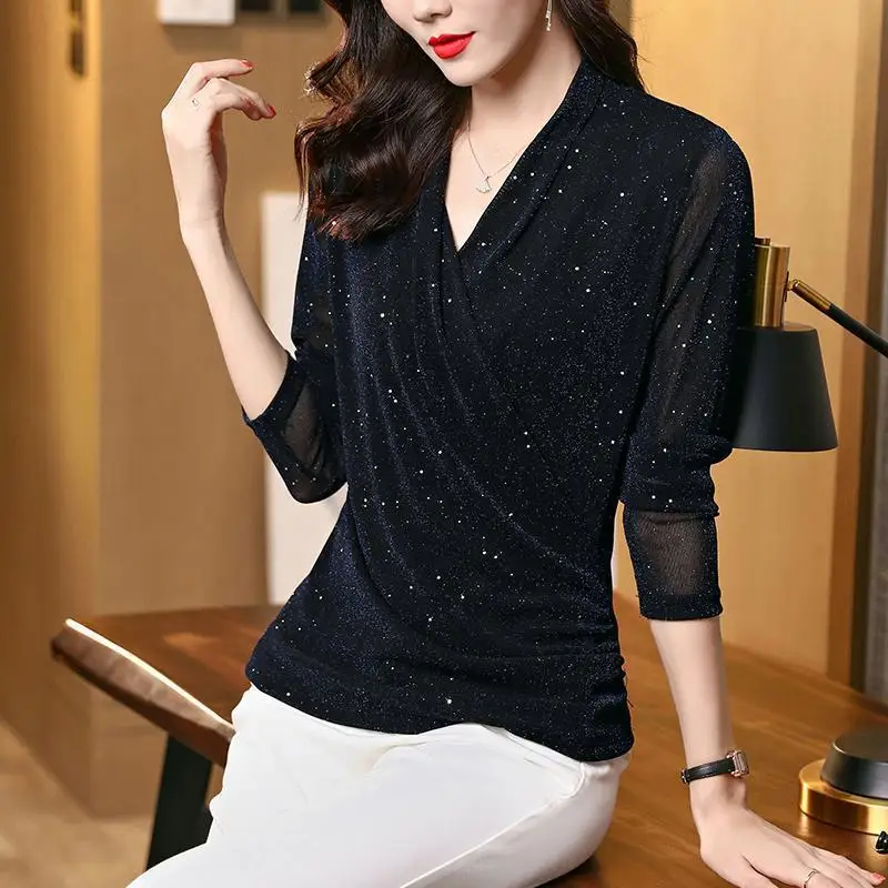 Bright Silk Long Sleeve V-Neck Vintage T-shirt 2022 Autumn Women\'s Clothing Stylish Casual Thin Gauze Spliced All-match Tops