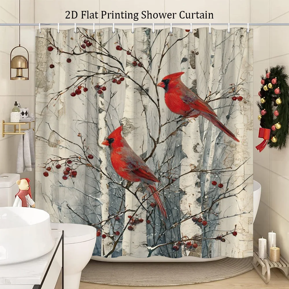 2D Flat, [2D Flat Printing]1pcs Winter Cardinal Shower Curtain Whimsical Red Birds on Birch Tree Branches Nature Theme Bathroom