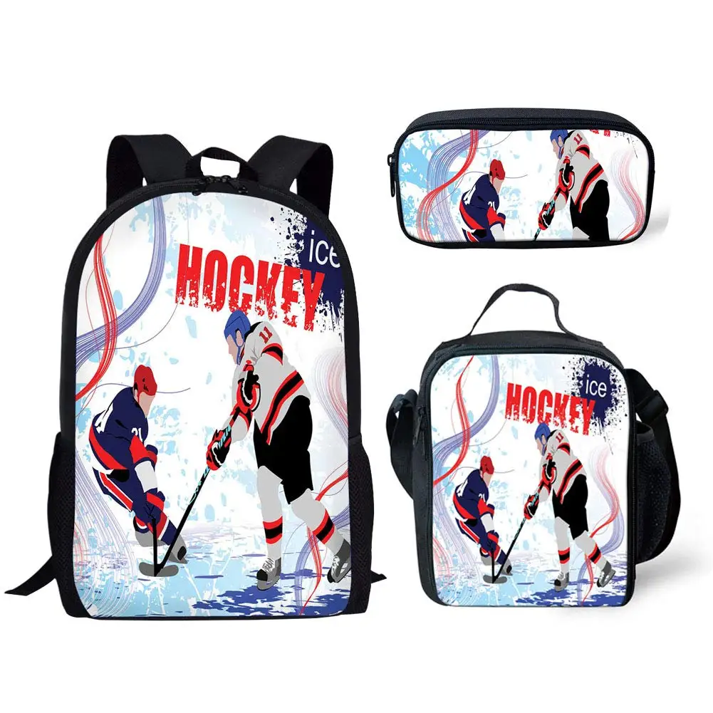 Esporte Hockey Player Mochila para Homens, Mochilas Escolares, Lancheira, Estojo de Lápis, Mochila de Estudante, Adolescentes, Meninos, 3 Pcs