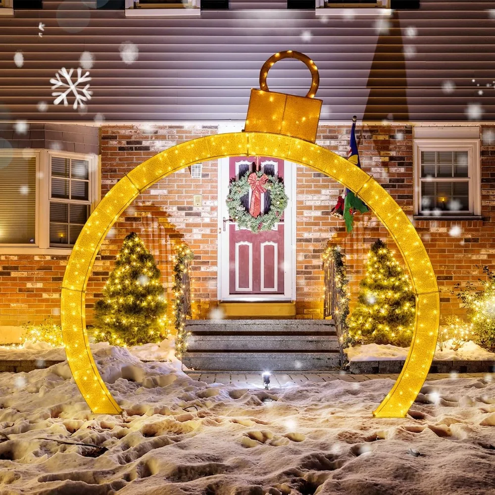 10.5 FT Outdoor Christmas Lighted Archway with Gold Ornament Cap, 300 Warm White LED Lights, Zip Ties & Stakes, Holiday