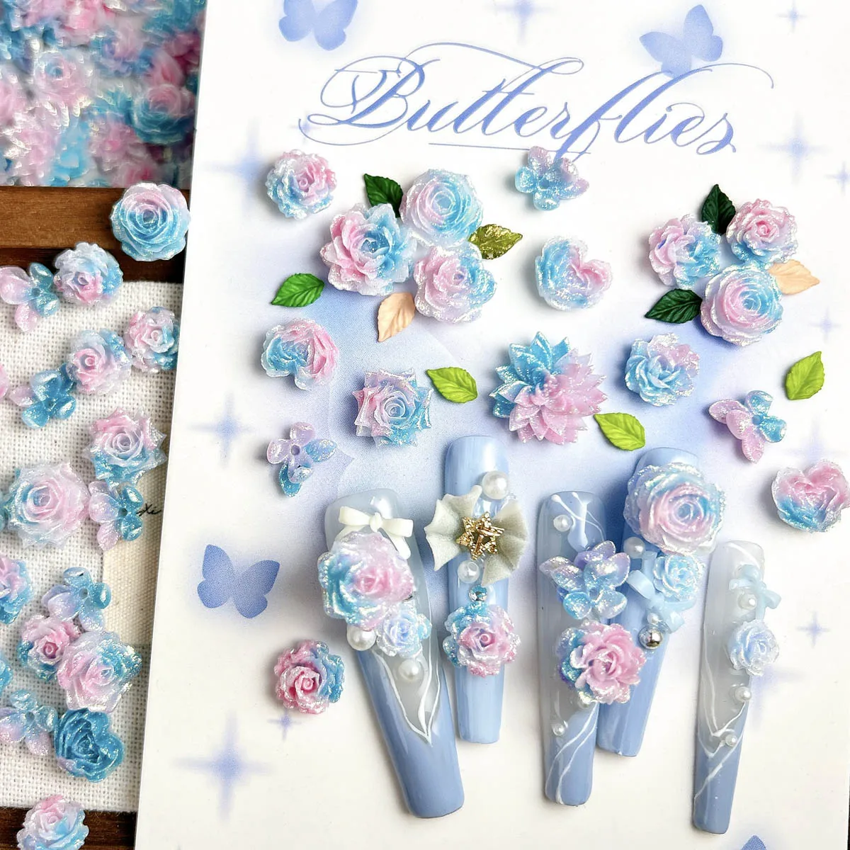 

3D Resin Fine Glitter Luminous Soft Flower Mixed Nail Charms Blue Pink Gradient Flower Nail Art Decorations Manicure DIY Parts