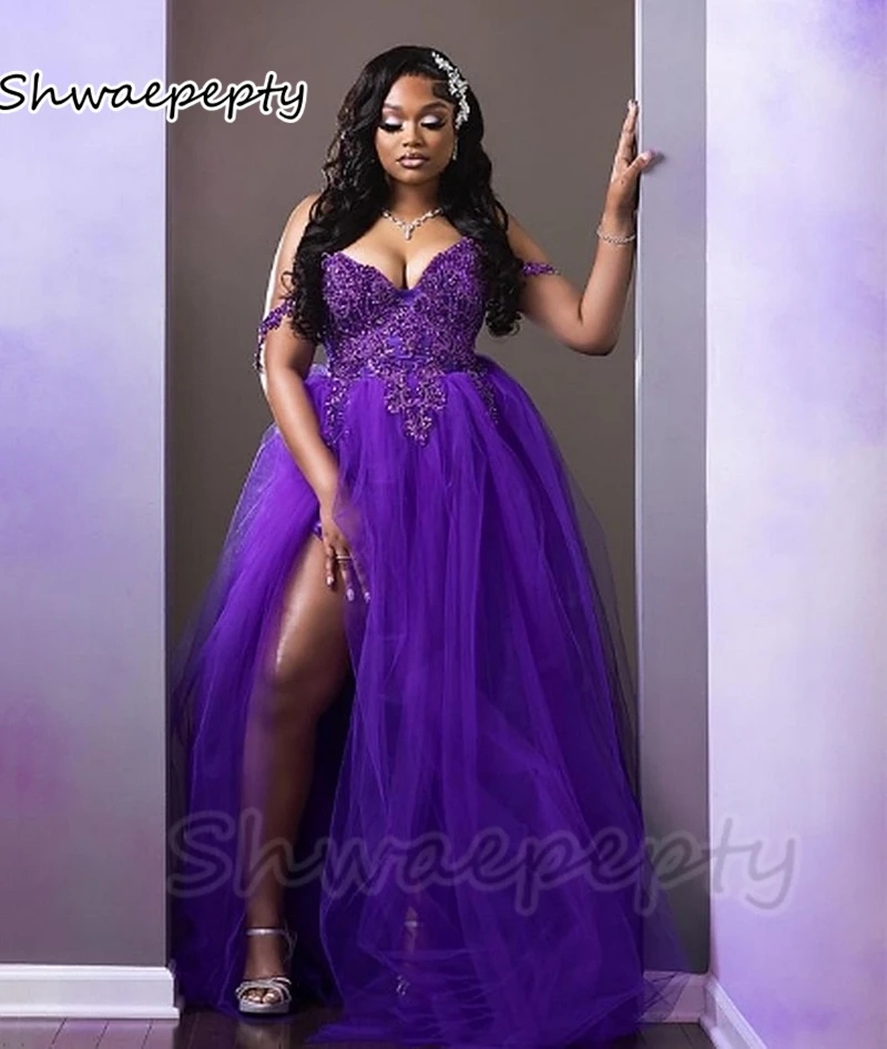 

Straps Off Shoulder Royal Purple Evening Dresses With Side Slit Crystals Beads Lace Long Tulle A-Line Prom Wedding Party Gowns