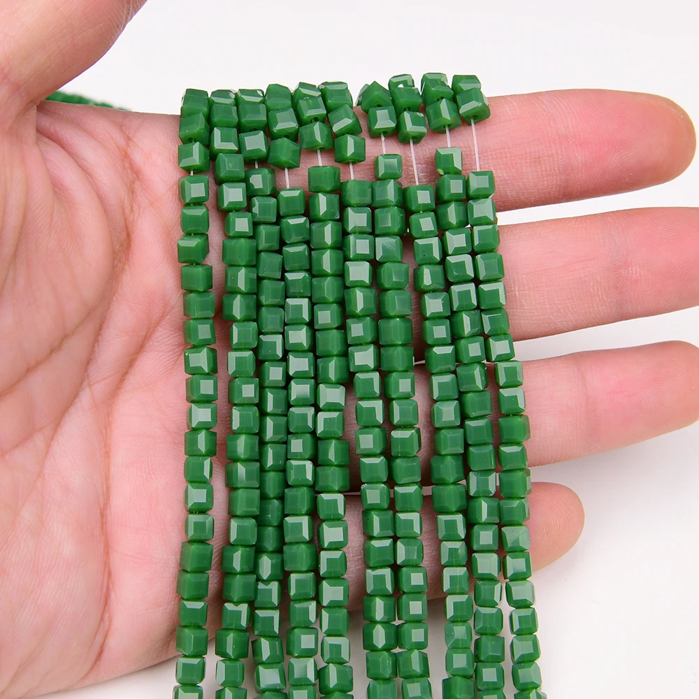 APDGG Wholesale 20 Strands 4MM Green Glass Crystal Cube shape Faceted Gems Loose Beads 17