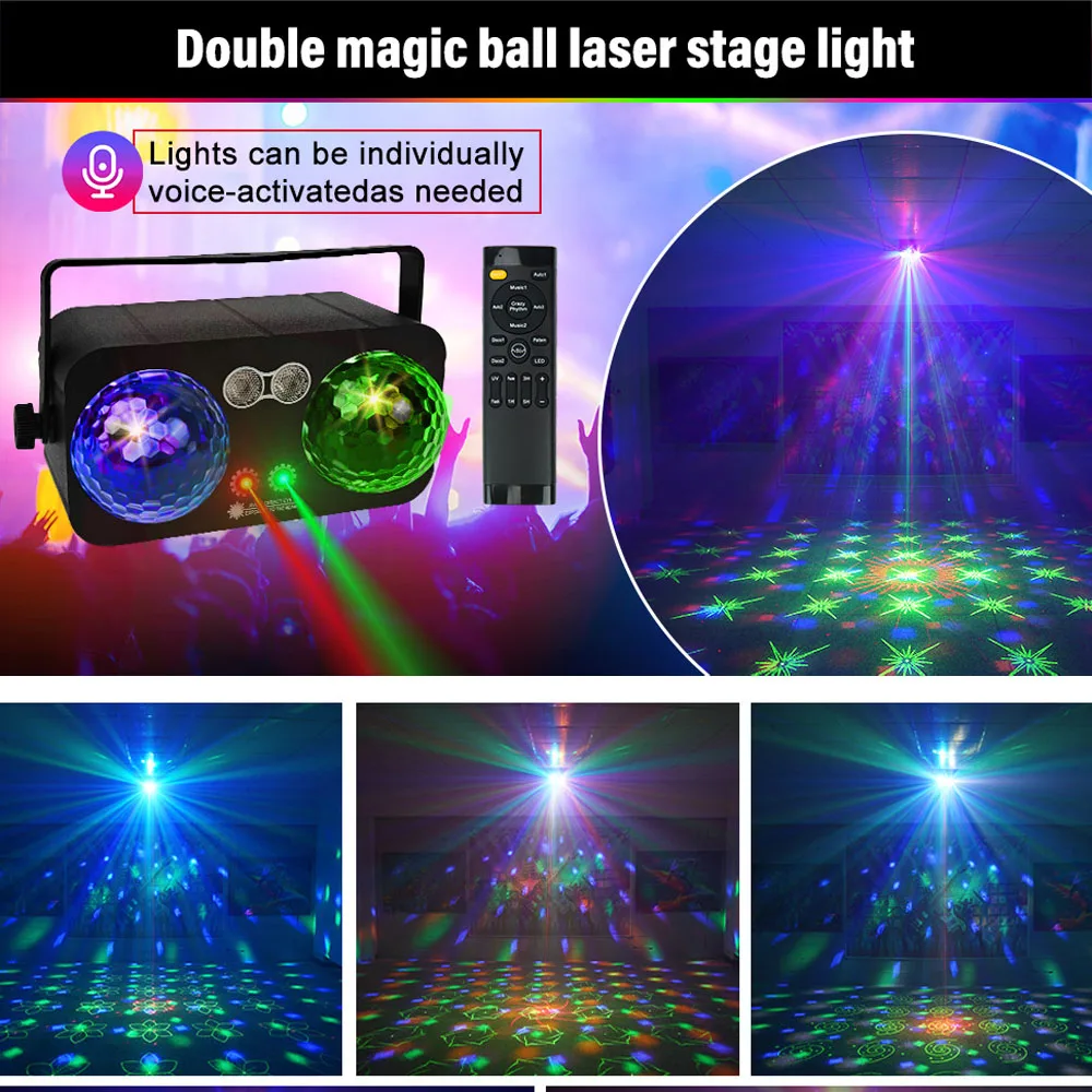 

4IN1 Dual Magic Ball Light DJ Disco Light Sound Activated Laser Light Remote Control Strobe Light Wedding Holiday ChristmasDecor