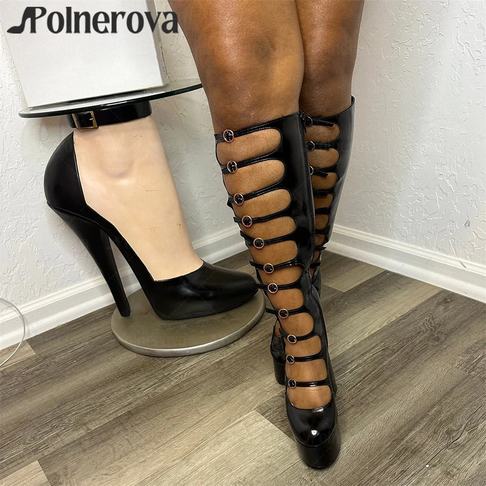 Adjustable Buckled Straps Boots Black Leather Platform Chunky Heel Knee Boots Sexy Style Multiple Buckle Handmade Women's Boots
