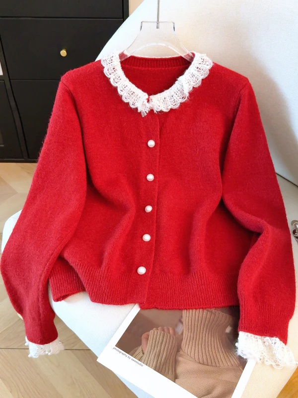 Korean Style Long Sleeve Knitted Open Cardigan Women's Autumn Winter Loose Lace Trim Splicing Soft Warm Small Size Sweater Ja...