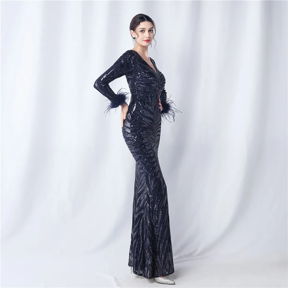 Luxury Women Party Dress Evening Ladies Full Sleeve Sequin Deep V Vestido Mermaid Female Backless Gala Elegant Ball Gown Banquet