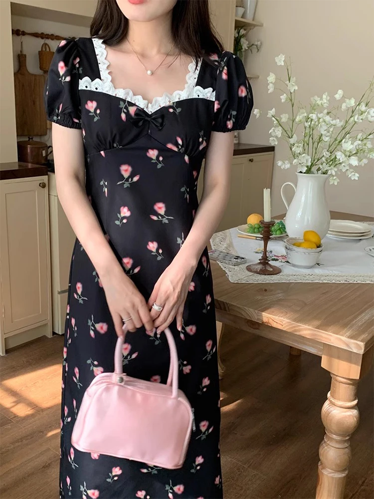 

Женское платье в стиле ретро, элегантное французское платье с цветочным принтом, квадратным вырезом и коротким рукавом-фонариком, лето 2024