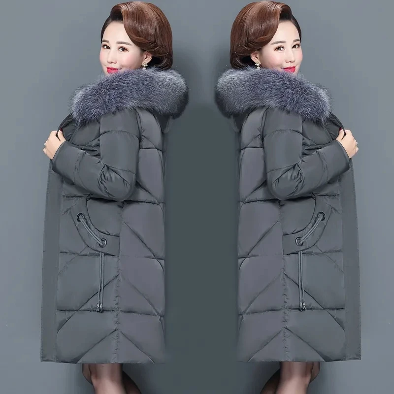 Winter Hooded Long Parkas Down Cotton Clothes Jacket Mid-Length Women Big Fur Collar Solid Color Coat 2024 Fashion Elegant New