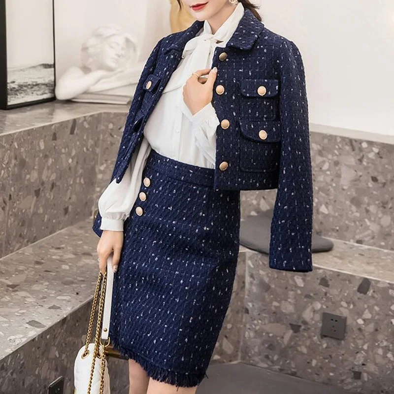 

Autumn Winter Long Sleeve Jacket Coat Blazer Plaid Tweed Mini Skirt Suits Women 2 Pieces Sets Elegant Office Ladies Outerwear