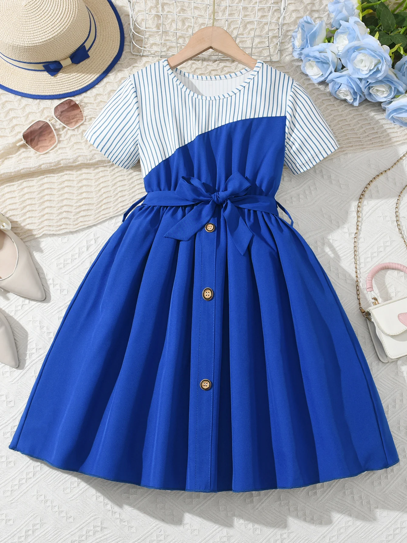 Girls' glamorous striped collimator dress with bow belt elegant princess dress-easy to take care of for a party dress