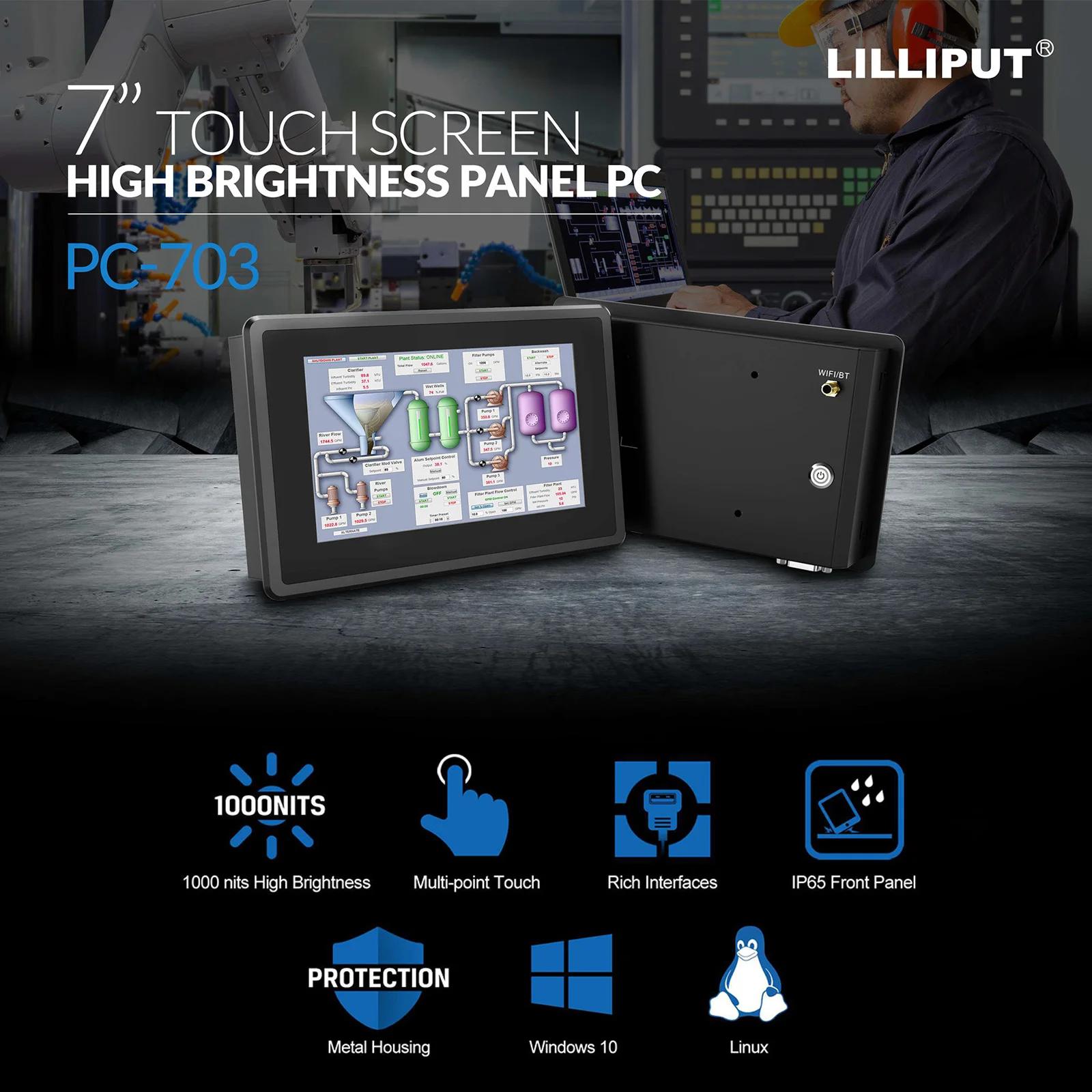 

Reliable 7" Industrial Control Touch Panel PC J1900 Quad Core Linux or Win10 with RS232/RS485/LAN for Factory Automation Control