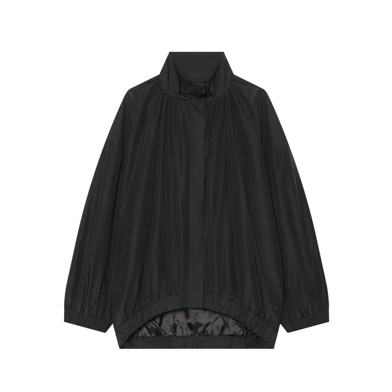 Women's stand-collar loose windproof jacket with front pleated hidden button design  solid black casual commuter coat