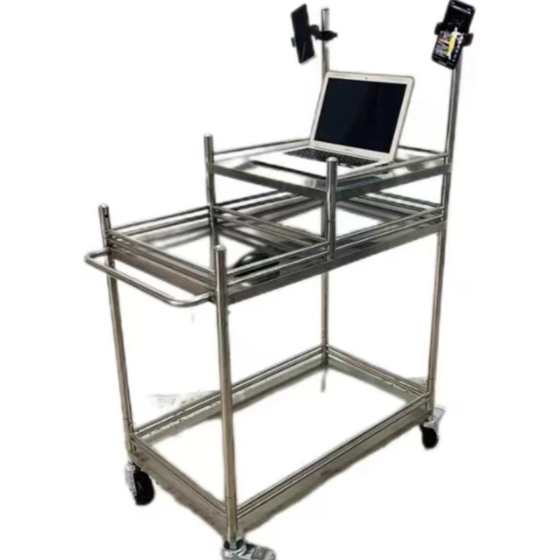 

Stainless steel outdoor live cart with large and small wheels Dismantle stall cart, promotion, shelf and portable display stand.