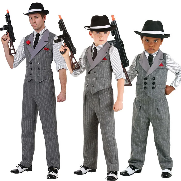 Unisex Cinza Gangster Costume Set, Suit chefe, Cosplay Halloween, Roupa de festa, Camisas listradas, Uniforme extravagante