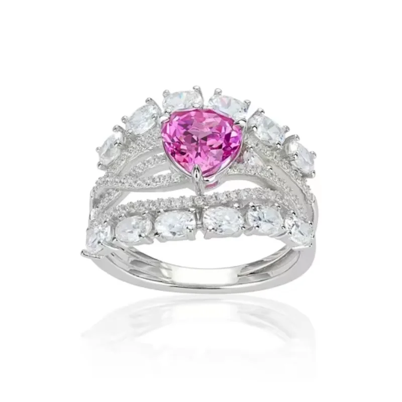 BELLUX 925 Silver Gold Plated Synthetic Zircon Rose Red Peach Heart Hollow Multi Layer Fashion Ring