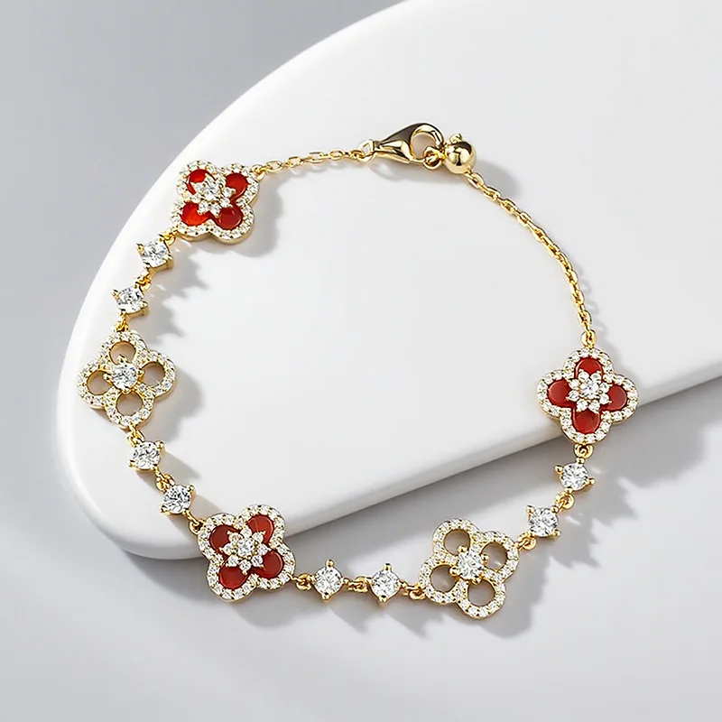 Luxury 9999 24K Solid gold certifid rich red agate four-leaf clover high-end adjustable bracelet as a gift for your girlfriend