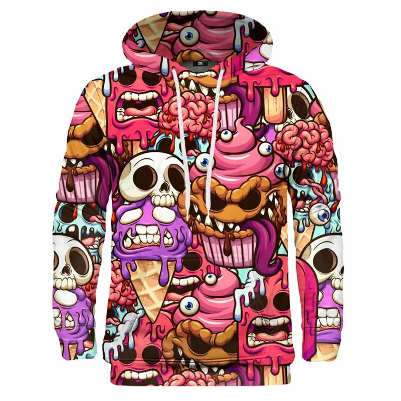 Ice Cream Hoodies Funny Cute 3D Printing For Men Kids Casual Sweatshirt Skull Pattern Design Long Sleeves Pullover Sports Hooded