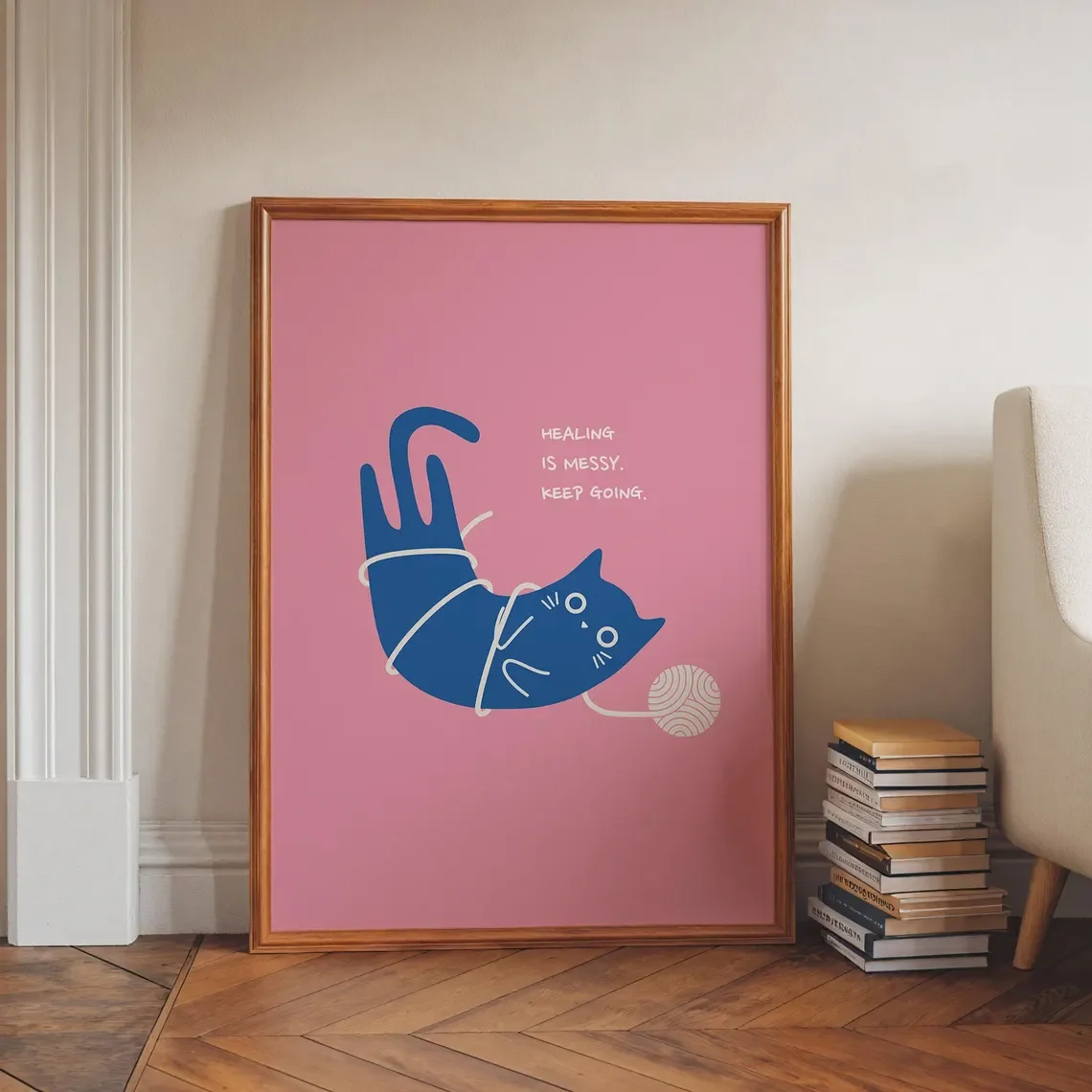 Gentle Mental Health Cat Wall Art - Soft Graphic Print of a Curious Cat Embracing Messiness, Blending Serene Blue and Pink Tones