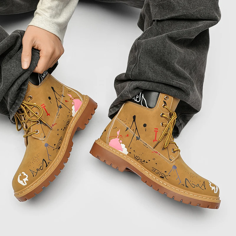 

Winter Men's Ankle Motorcycle Safety Platform Cowboy Boots Short Boots Warm Thick soled Leather Shoes