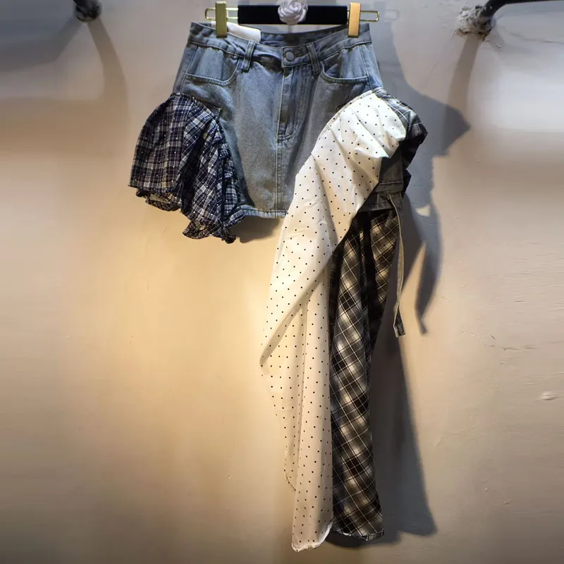 

Irregular Denim Skirt for Ladies, 2025 Summer New Splicing Polka Dot Plaid Cloth Strip High Waist Thin Fashion Denim Skirt Women