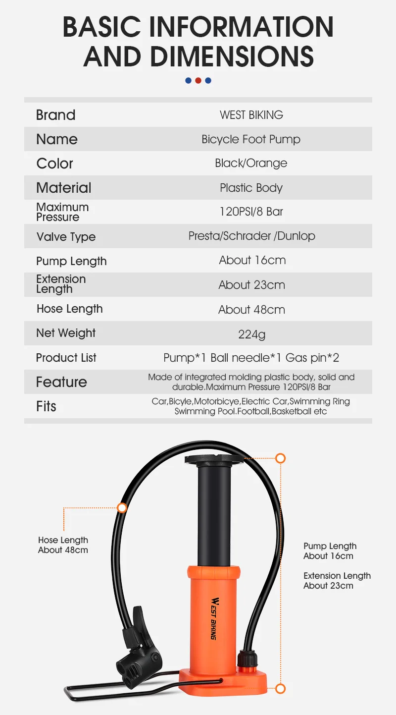 WEST BIKING Mini-Fußpumpe 120 PSI, tragbarer Fahrradreifenfüller für Presta- und Schrader-Ventile, für Radsport, Sportbälle, Fahrradzubehör – Detail 2