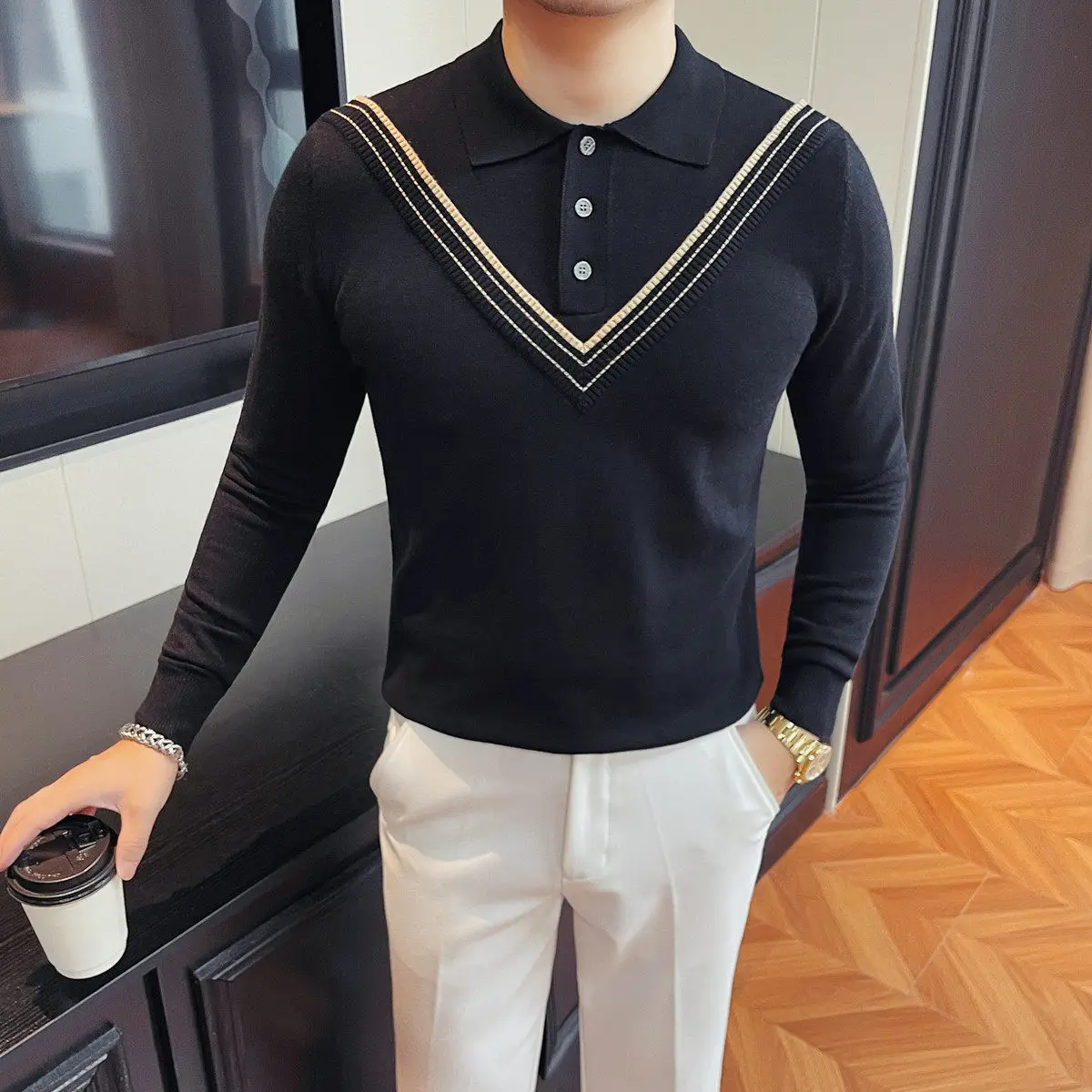 Autumn Winter Men's Fashion Casual Sweater Lapel Striped Splicing Long-sleeved Business Social Knitted Sweater Undershirt Top