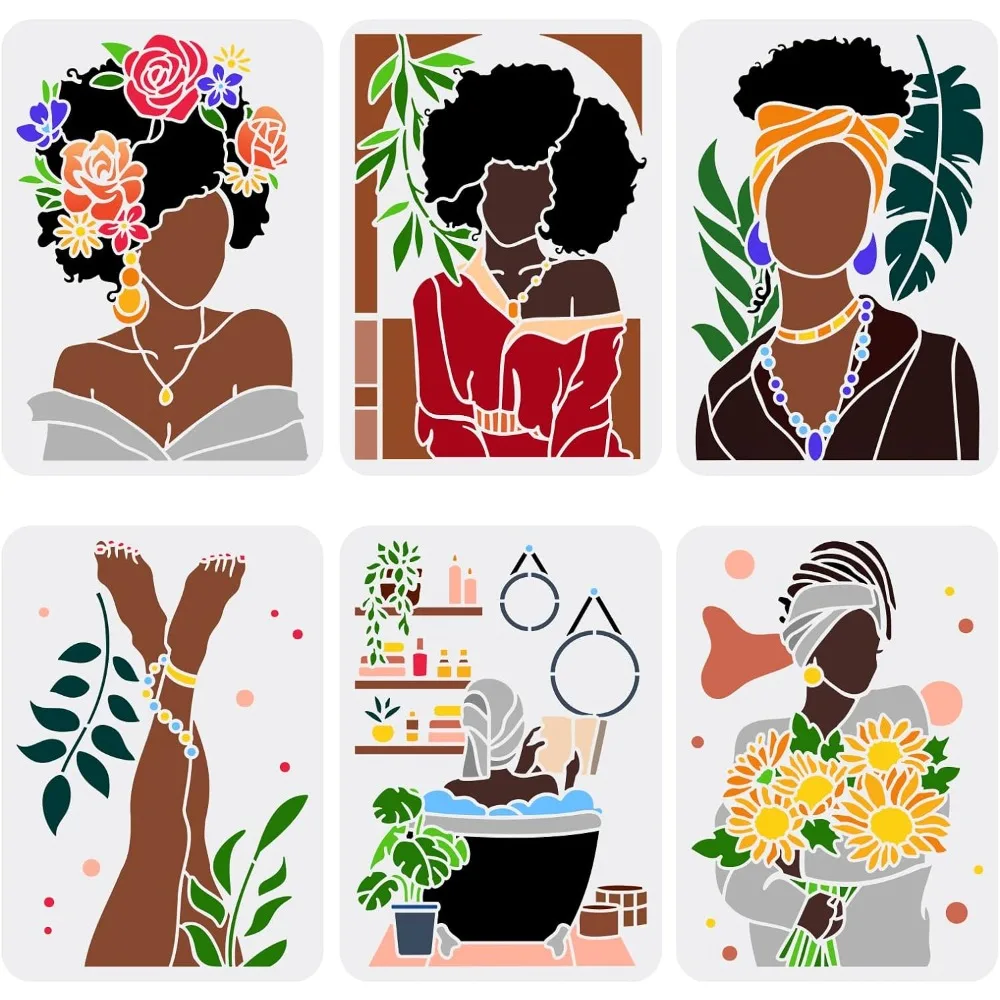 Plantillas tribales africanas para mujer, 6 uds., 8,3x11,7 pulgadas, plantilla de pintura afroamericana reutilizable, silueta femenina, decoración de baño
