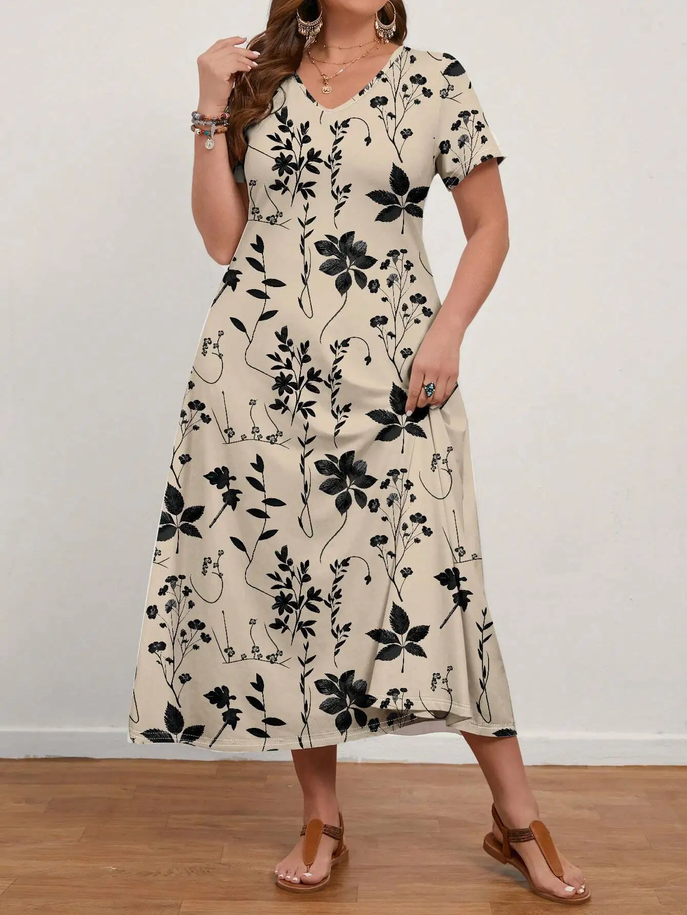 

Plus Size Women Casual Floral Print V-Neck Short Sleeve A-Line Midi Dress For Summer Beach Holiday