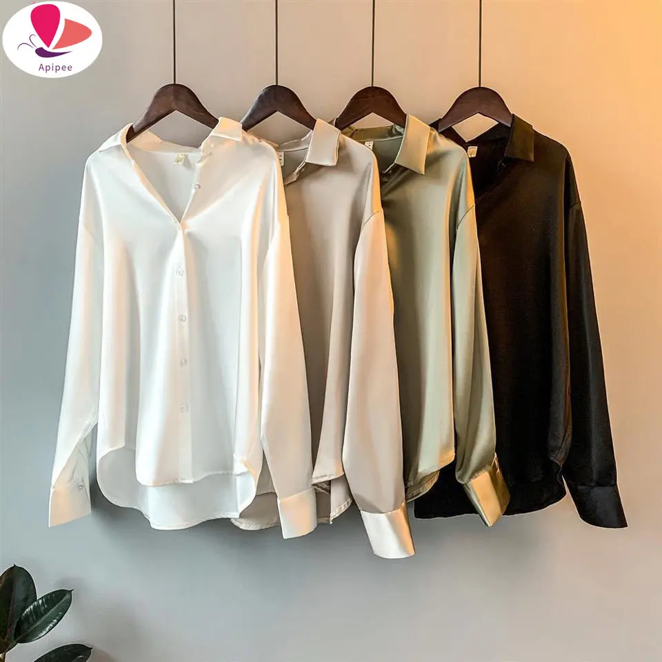 Apipee-branco blusa de cetim para as mulheres, camisa de manga longa com botão, estilo coreano, elegante, moda, para escritório